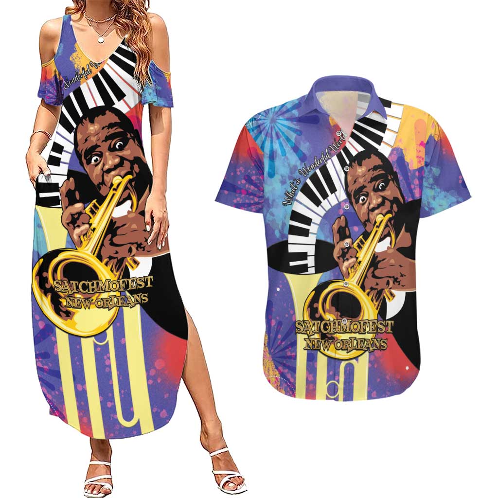 Satchmofest Couples Matching Summer Maxi Dress and Hawaiian Shirt King Of Jazz What a Wonderful World - Wonder Print Shop