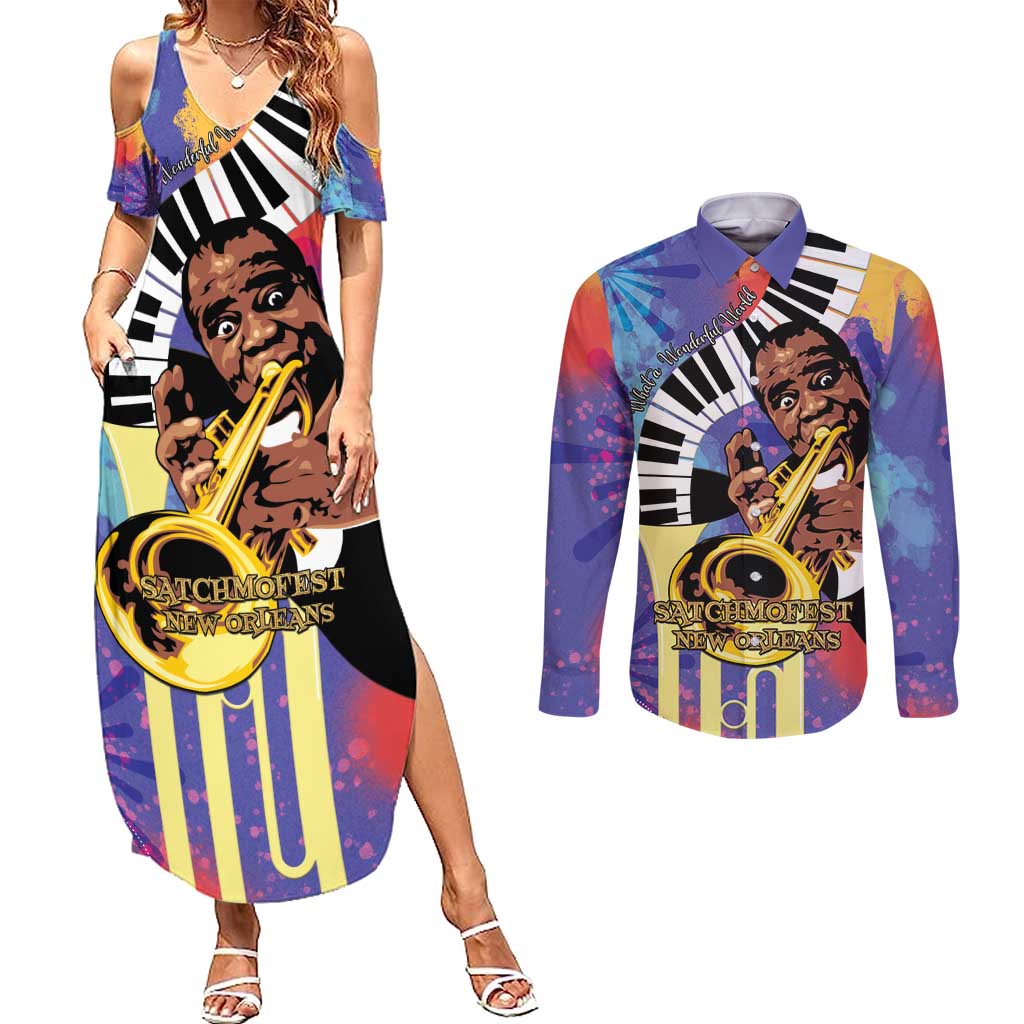 Satchmofest Couples Matching Summer Maxi Dress and Long Sleeve Button Shirt King Of Jazz What a Wonderful World - Wonder Print Shop