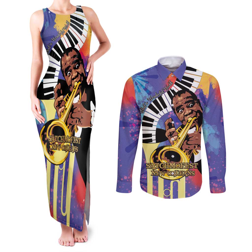Satchmofest Couples Matching Tank Maxi Dress and Long Sleeve Button Shirt King Of Jazz What a Wonderful World - Wonder Print Shop