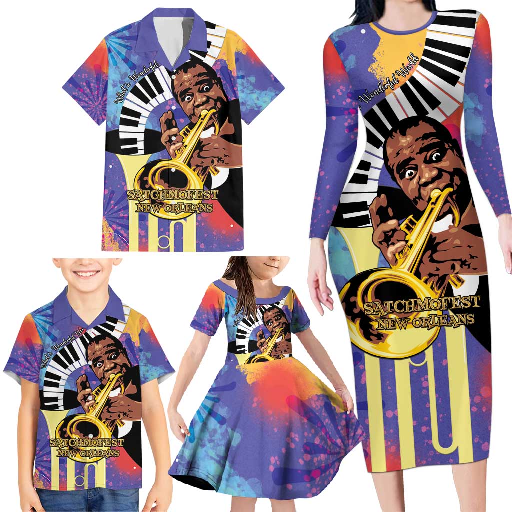 Satchmofest Family Matching Long Sleeve Bodycon Dress and Hawaiian Shirt King Of Jazz What a Wonderful World - Wonder Print Shop