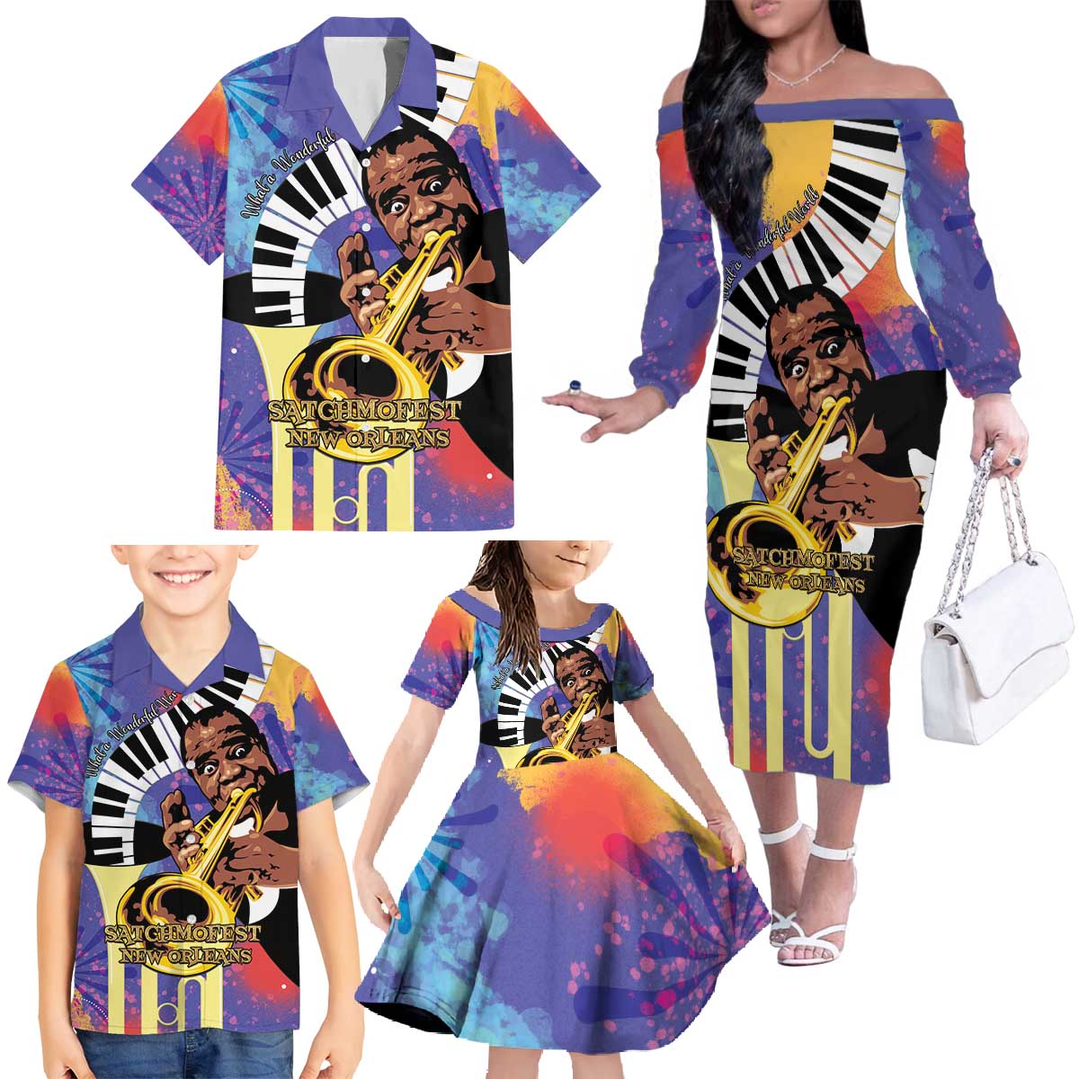 Satchmofest Family Matching Off The Shoulder Long Sleeve Dress and Hawaiian Shirt King Of Jazz What a Wonderful World - Wonder Print Shop