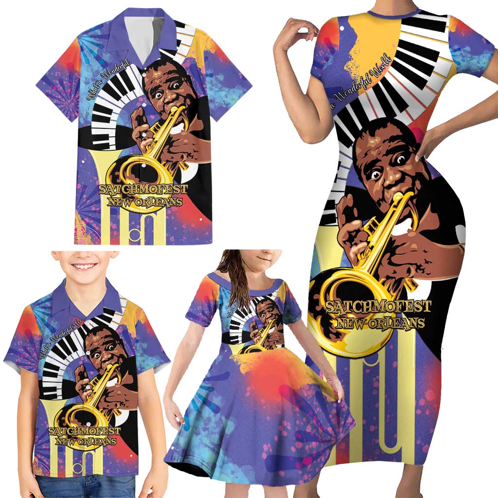 Satchmofest Family Matching Short Sleeve Bodycon Dress and Hawaiian Shirt King Of Jazz What a Wonderful World - Wonder Print Shop