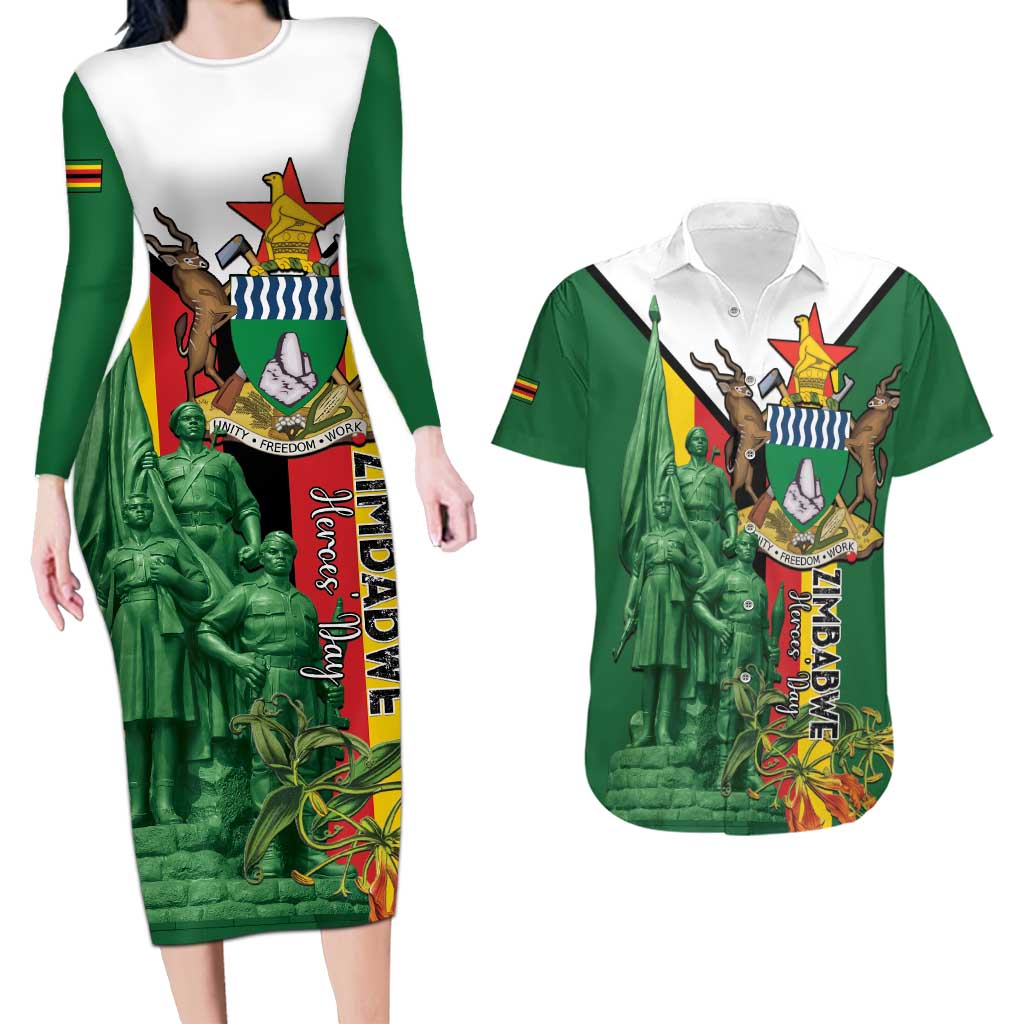 Personalized Zimbabwe Heroes' Day Couples Matching Long Sleeve Bodycon Dress and Hawaiian Shirt Liberation War Memorial Monument - Wonder Print Shop