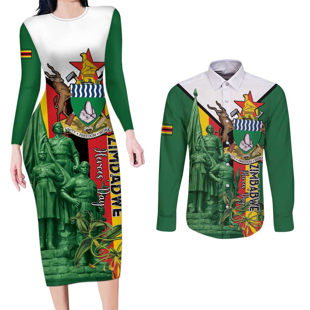 Personalized Zimbabwe Heroes' Day Couples Matching Long Sleeve Bodycon Dress and Long Sleeve Button Shirt Liberation War Memorial Monument - Wonder Print Shop