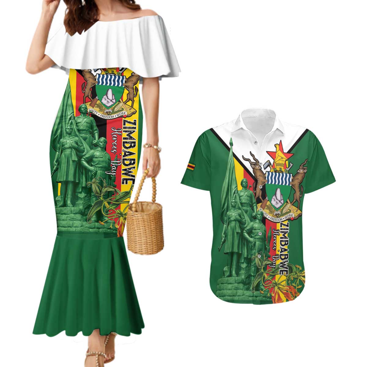 Personalized Zimbabwe Heroes' Day Couples Matching Mermaid Dress and Hawaiian Shirt Liberation War Memorial Monument - Wonder Print Shop