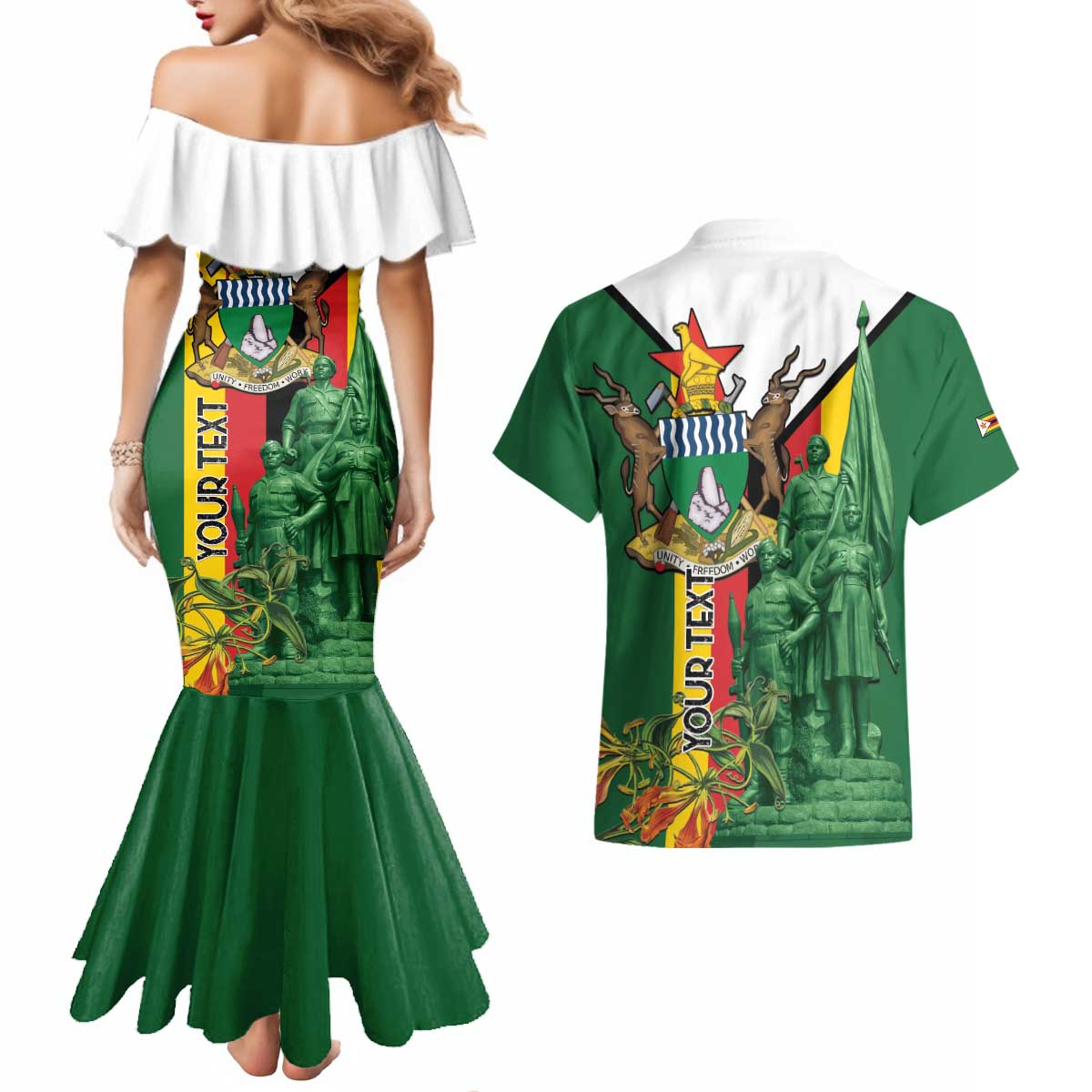 Personalized Zimbabwe Heroes' Day Couples Matching Mermaid Dress and Hawaiian Shirt Liberation War Memorial Monument - Wonder Print Shop