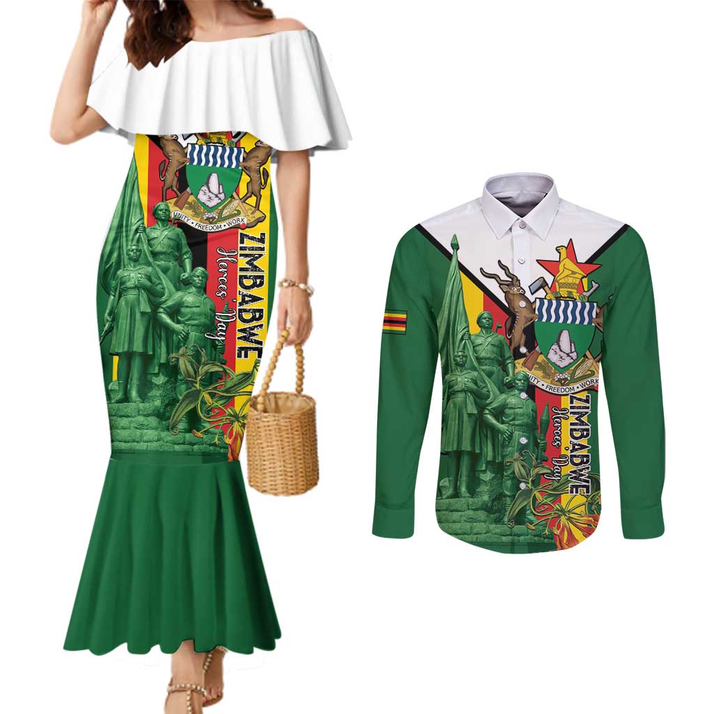 Personalized Zimbabwe Heroes' Day Couples Matching Mermaid Dress and Long Sleeve Button Shirt Liberation War Memorial Monument - Wonder Print Shop