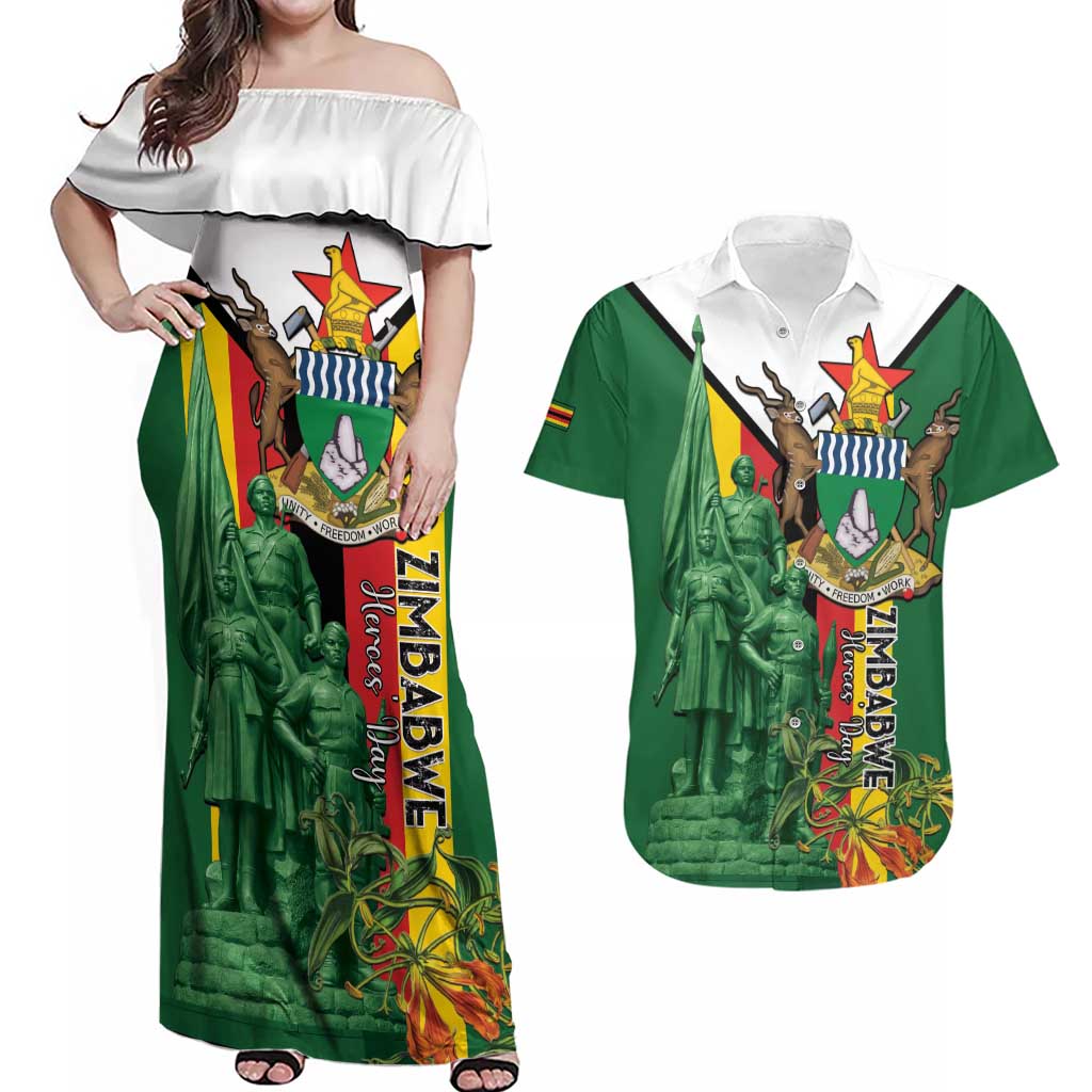 Personalized Zimbabwe Heroes' Day Couples Matching Off Shoulder Maxi Dress and Hawaiian Shirt Liberation War Memorial Monument - Wonder Print Shop
