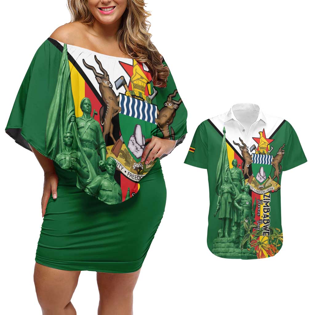 Personalized Zimbabwe Heroes' Day Couples Matching Off Shoulder Short Dress and Hawaiian Shirt Liberation War Memorial Monument - Wonder Print Shop