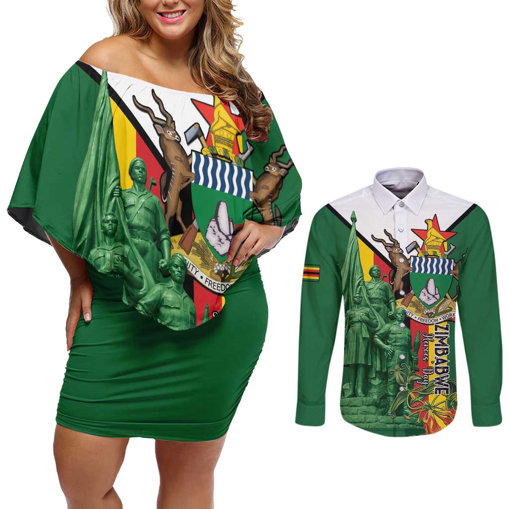 Personalized Zimbabwe Heroes' Day Couples Matching Off Shoulder Short Dress and Long Sleeve Button Shirt Liberation War Memorial Monument - Wonder Print Shop