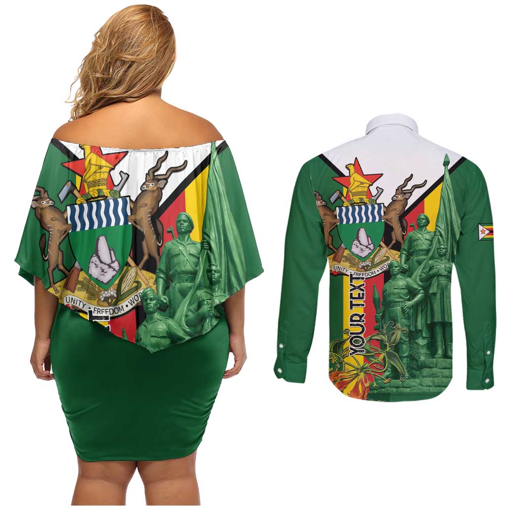 Personalized Zimbabwe Heroes' Day Couples Matching Off Shoulder Short Dress and Long Sleeve Button Shirt Liberation War Memorial Monument - Wonder Print Shop