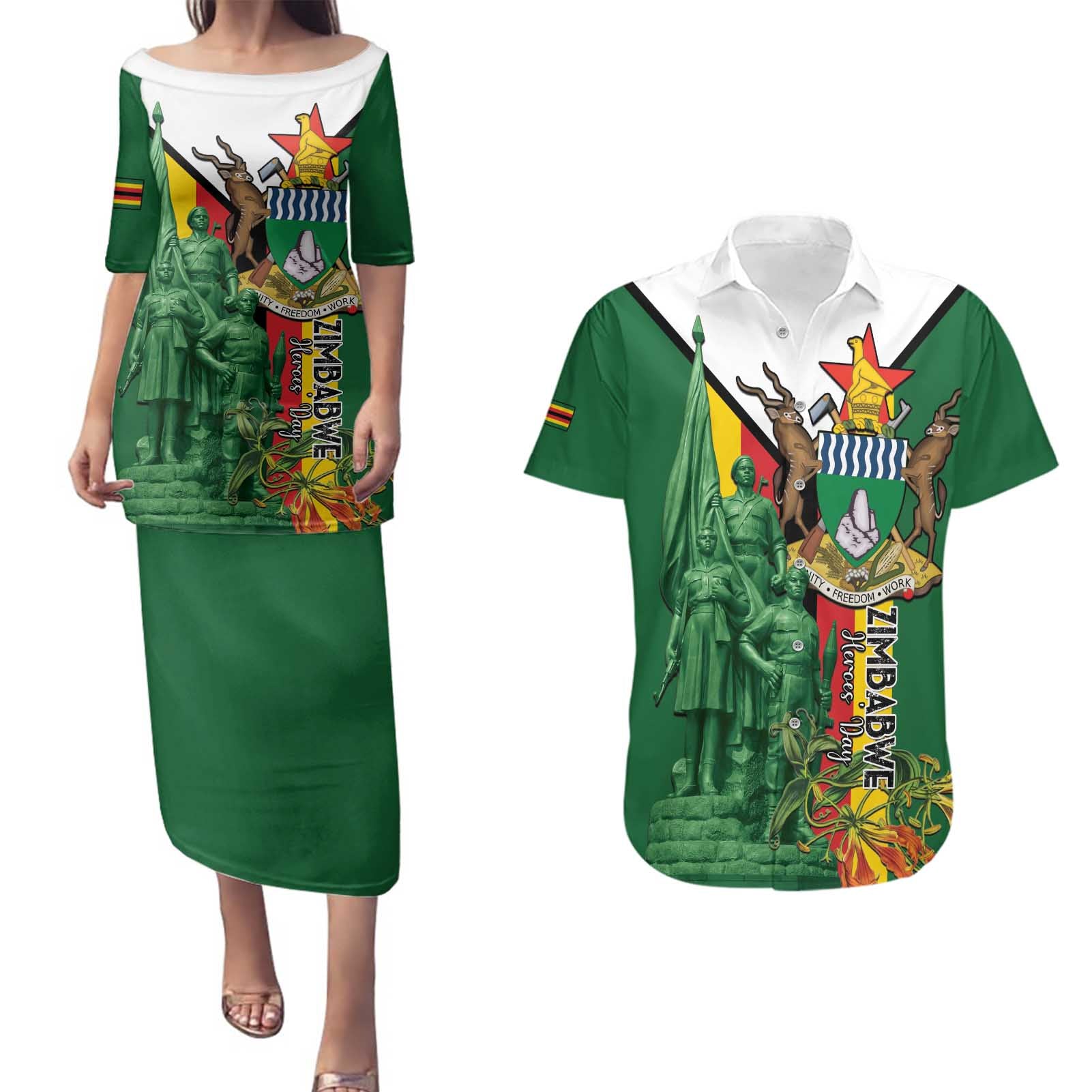 Personalized Zimbabwe Heroes' Day Couples Matching Puletasi and Hawaiian Shirt Liberation War Memorial Monument - Wonder Print Shop