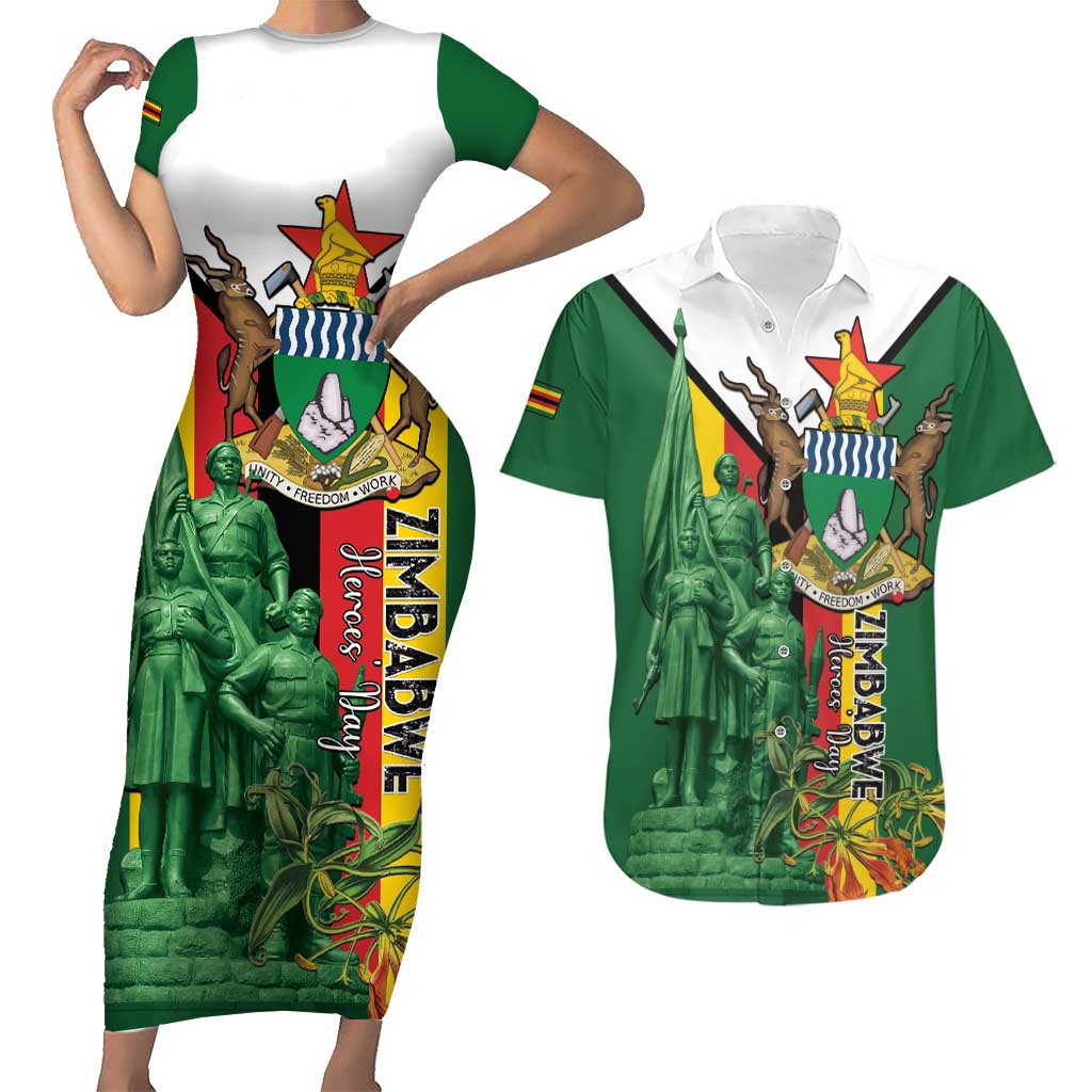 Personalized Zimbabwe Heroes' Day Couples Matching Short Sleeve Bodycon Dress and Hawaiian Shirt Liberation War Memorial Monument - Wonder Print Shop