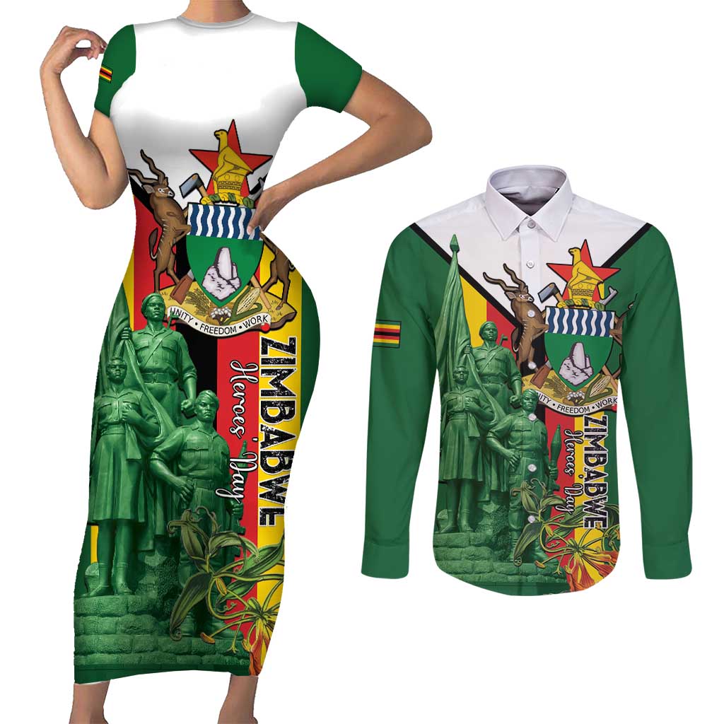Personalized Zimbabwe Heroes' Day Couples Matching Short Sleeve Bodycon Dress and Long Sleeve Button Shirt Liberation War Memorial Monument - Wonder Print Shop