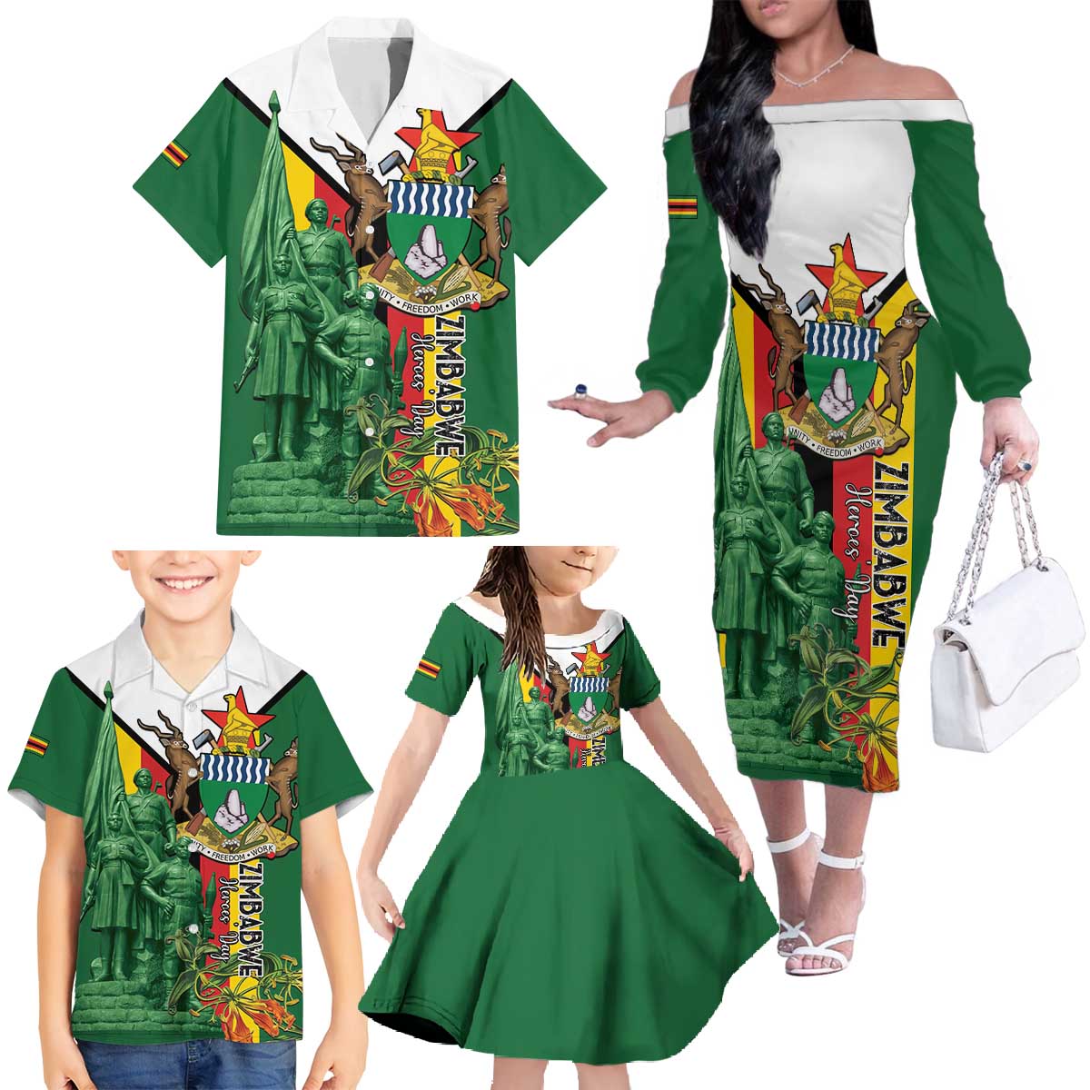 Personalized Zimbabwe Heroes' Day Family Matching Off The Shoulder Long Sleeve Dress and Hawaiian Shirt Liberation War Memorial Monument - Wonder Print Shop