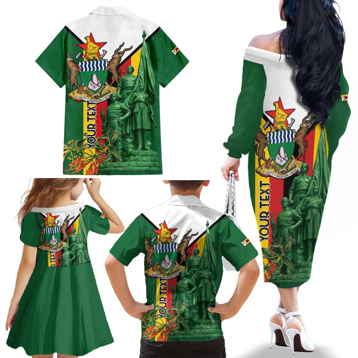 Personalized Zimbabwe Heroes' Day Family Matching Off The Shoulder Long Sleeve Dress and Hawaiian Shirt Liberation War Memorial Monument - Wonder Print Shop