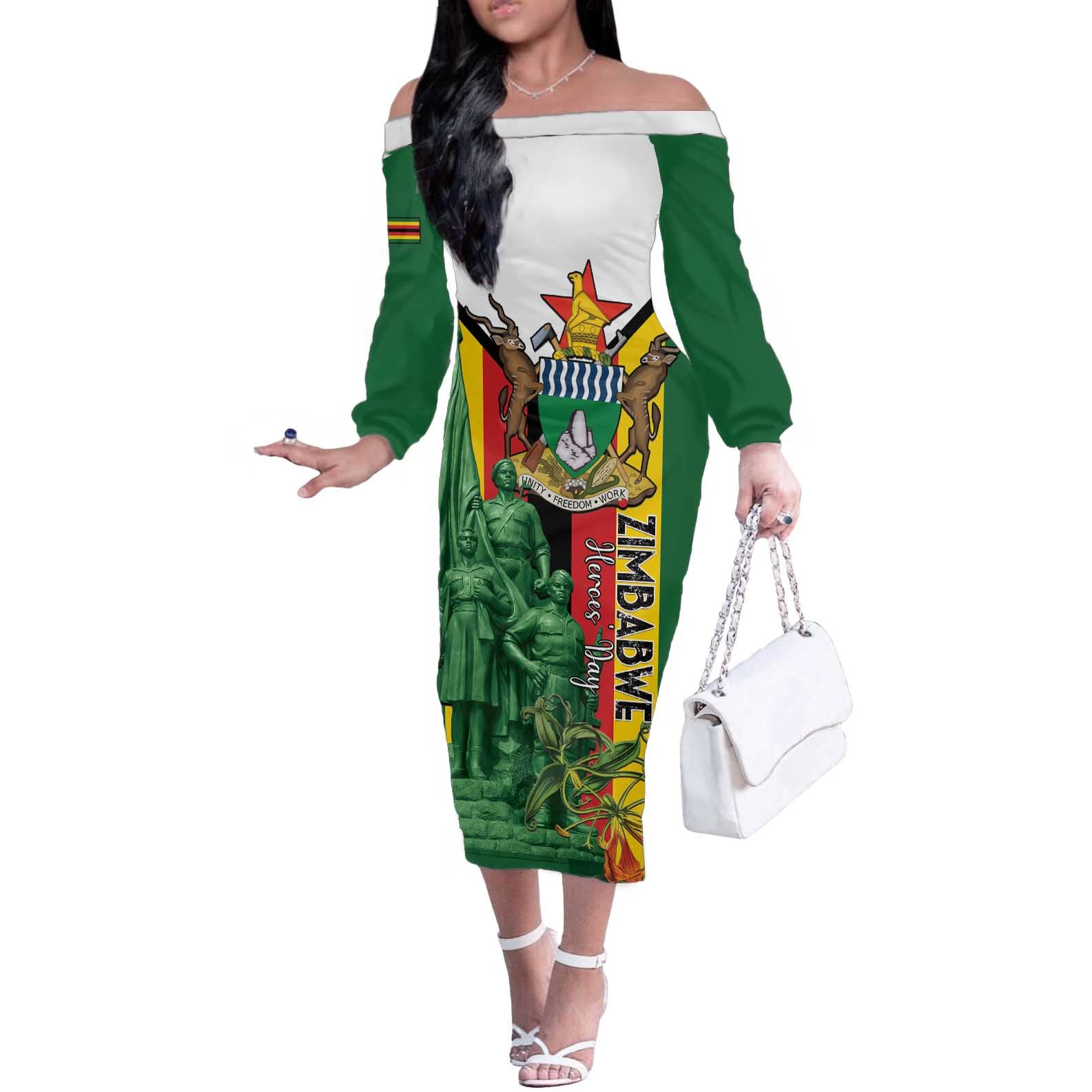 Personalized Zimbabwe Heroes' Day Off The Shoulder Long Sleeve Dress Liberation War Memorial Monument - Wonder Print Shop