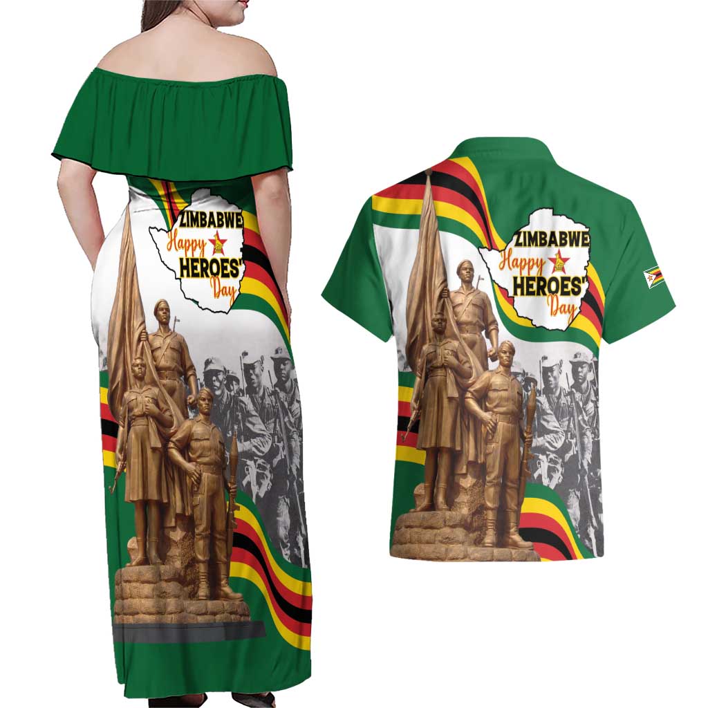 Happy Heroes Day Zimbabwe Couples Matching Off Shoulder Maxi Dress and Hawaiian Shirt Lest We Forget - Wonder Print Shop
