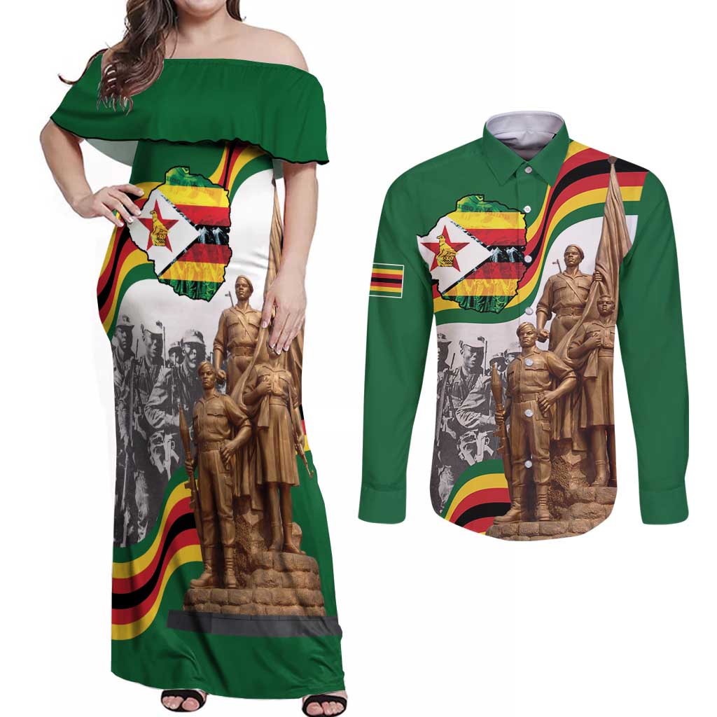 Happy Heroes Day Zimbabwe Couples Matching Off Shoulder Maxi Dress and Long Sleeve Button Shirt Lest We Forget - Wonder Print Shop