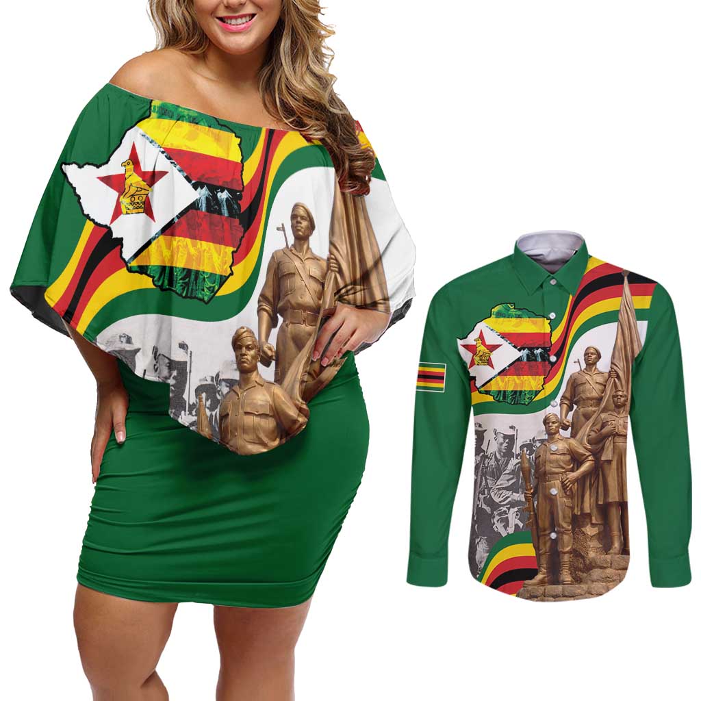 Happy Heroes Day Zimbabwe Couples Matching Off Shoulder Short Dress and Long Sleeve Button Shirt Lest We Forget - Wonder Print Shop