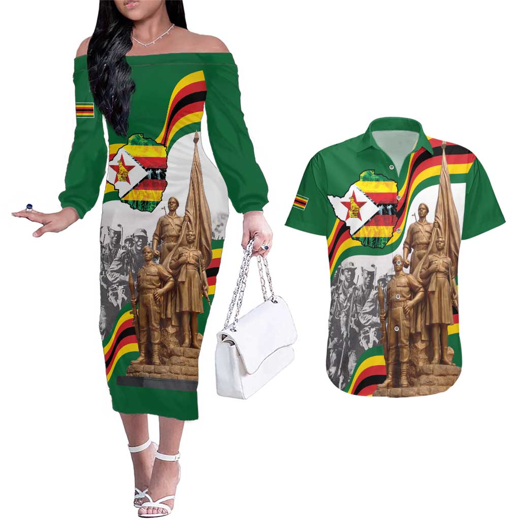 Happy Heroes Day Zimbabwe Couples Matching Off The Shoulder Long Sleeve Dress and Hawaiian Shirt Lest We Forget - Wonder Print Shop