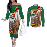Happy Heroes Day Zimbabwe Couples Matching Off The Shoulder Long Sleeve Dress and Long Sleeve Button Shirt Lest We Forget - Wonder Print Shop