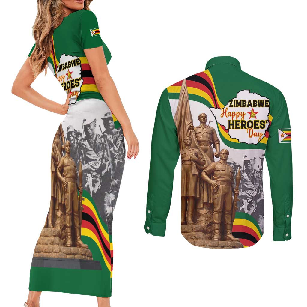 Happy Heroes Day Zimbabwe Couples Matching Short Sleeve Bodycon Dress and Long Sleeve Button Shirt Lest We Forget - Wonder Print Shop