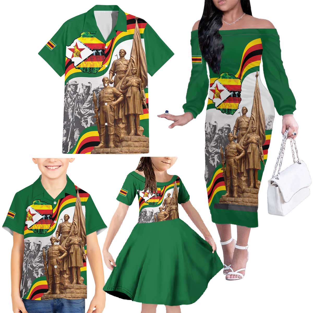 Happy Heroes Day Zimbabwe Family Matching Off The Shoulder Long Sleeve Dress and Hawaiian Shirt Lest We Forget - Wonder Print Shop