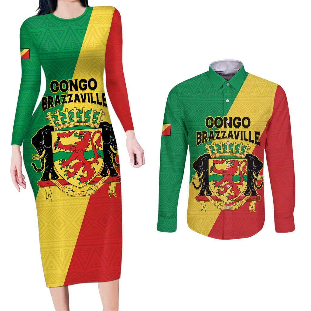 Personalized Congo Brazzaville Couples Matching Long Sleeve Bodycon Dress and Long Sleeve Button Shirt Coat Of Arms With Map - Flag Style - Wonder Print Shop
