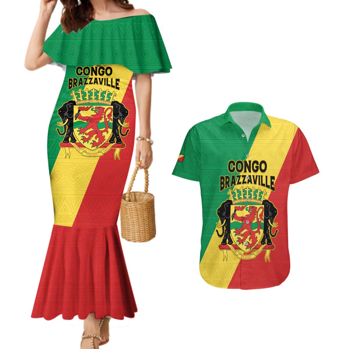 Personalized Congo Brazzaville Couples Matching Mermaid Dress and Hawaiian Shirt Coat Of Arms With Map - Flag Style - Wonder Print Shop