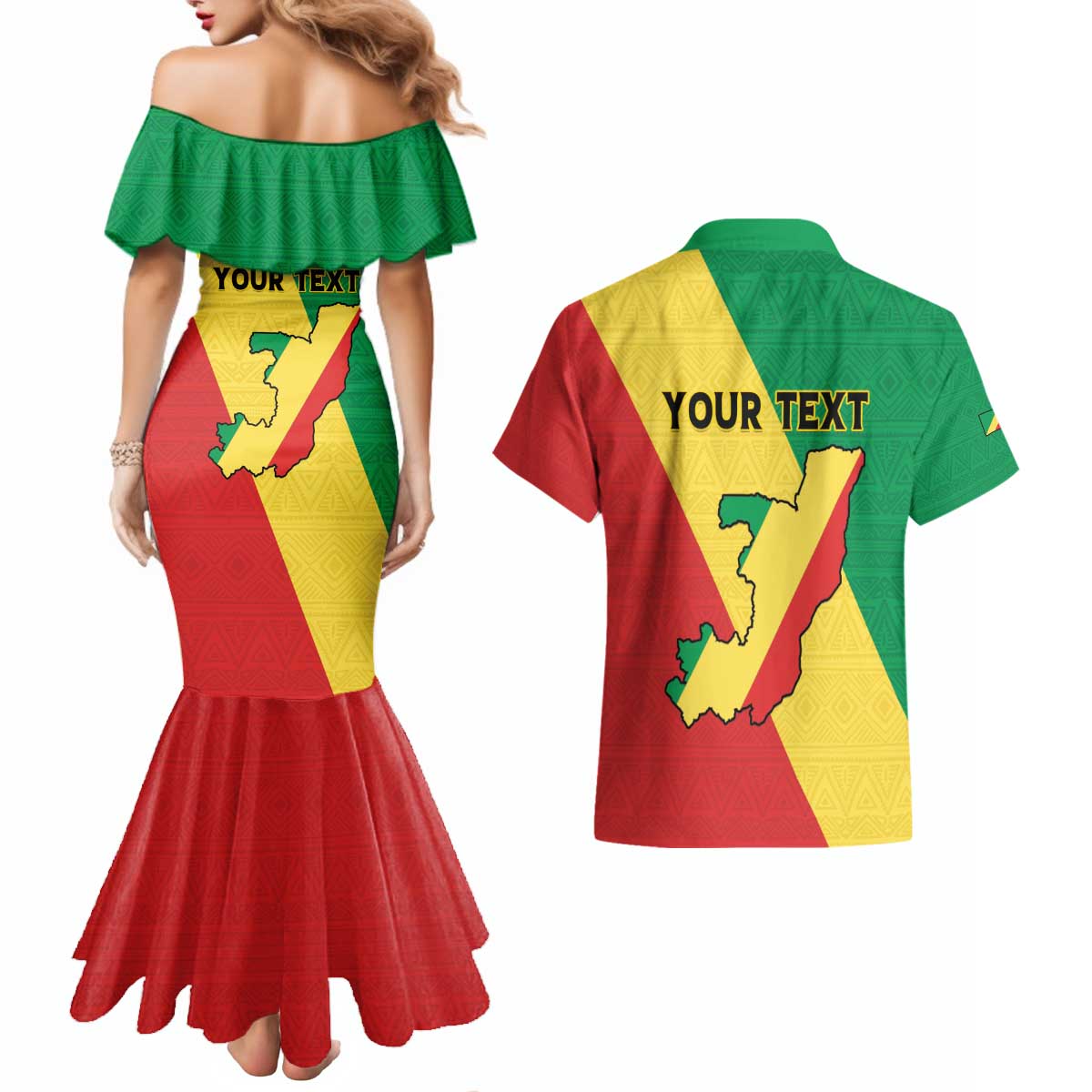 Personalized Congo Brazzaville Couples Matching Mermaid Dress and Hawaiian Shirt Coat Of Arms With Map - Flag Style - Wonder Print Shop