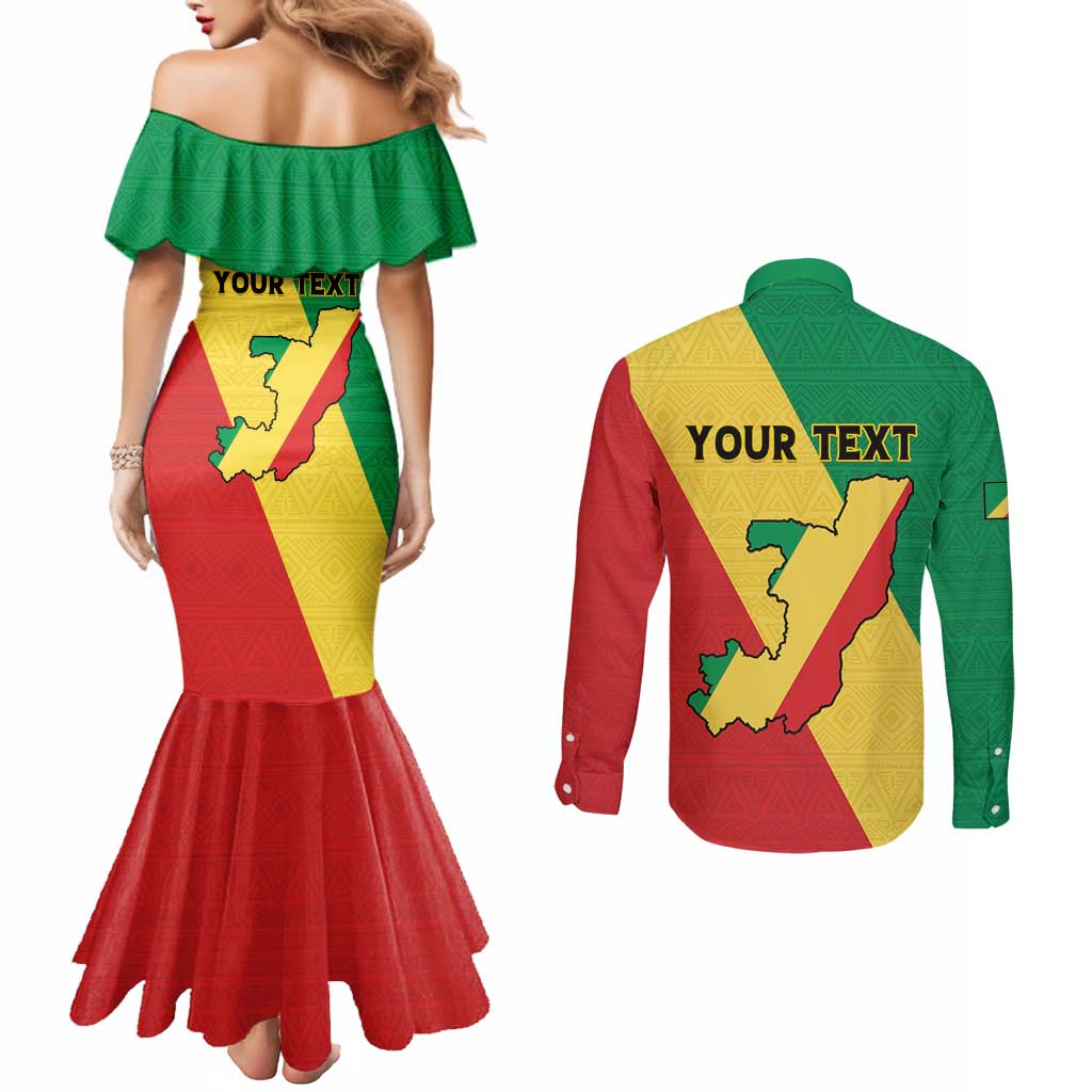 Personalized Congo Brazzaville Couples Matching Mermaid Dress and Long Sleeve Button Shirt Coat Of Arms With Map - Flag Style - Wonder Print Shop