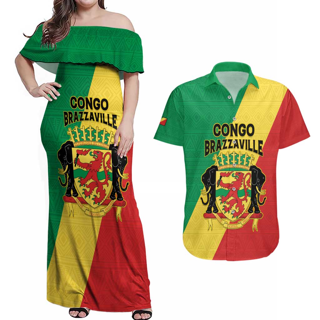 Personalized Congo Brazzaville Couples Matching Off Shoulder Maxi Dress and Hawaiian Shirt Coat Of Arms With Map - Flag Style - Wonder Print Shop
