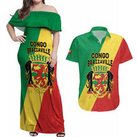 Personalized Congo Brazzaville Couples Matching Off Shoulder Maxi Dress and Hawaiian Shirt Coat Of Arms With Map - Flag Style - Wonder Print Shop