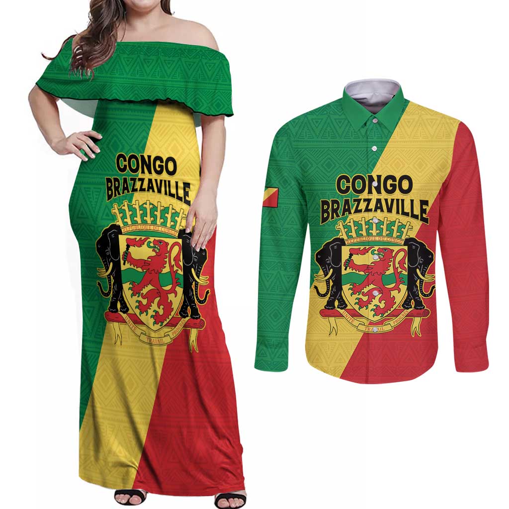 Personalized Congo Brazzaville Couples Matching Off Shoulder Maxi Dress and Long Sleeve Button Shirt Coat Of Arms With Map - Flag Style - Wonder Print Shop