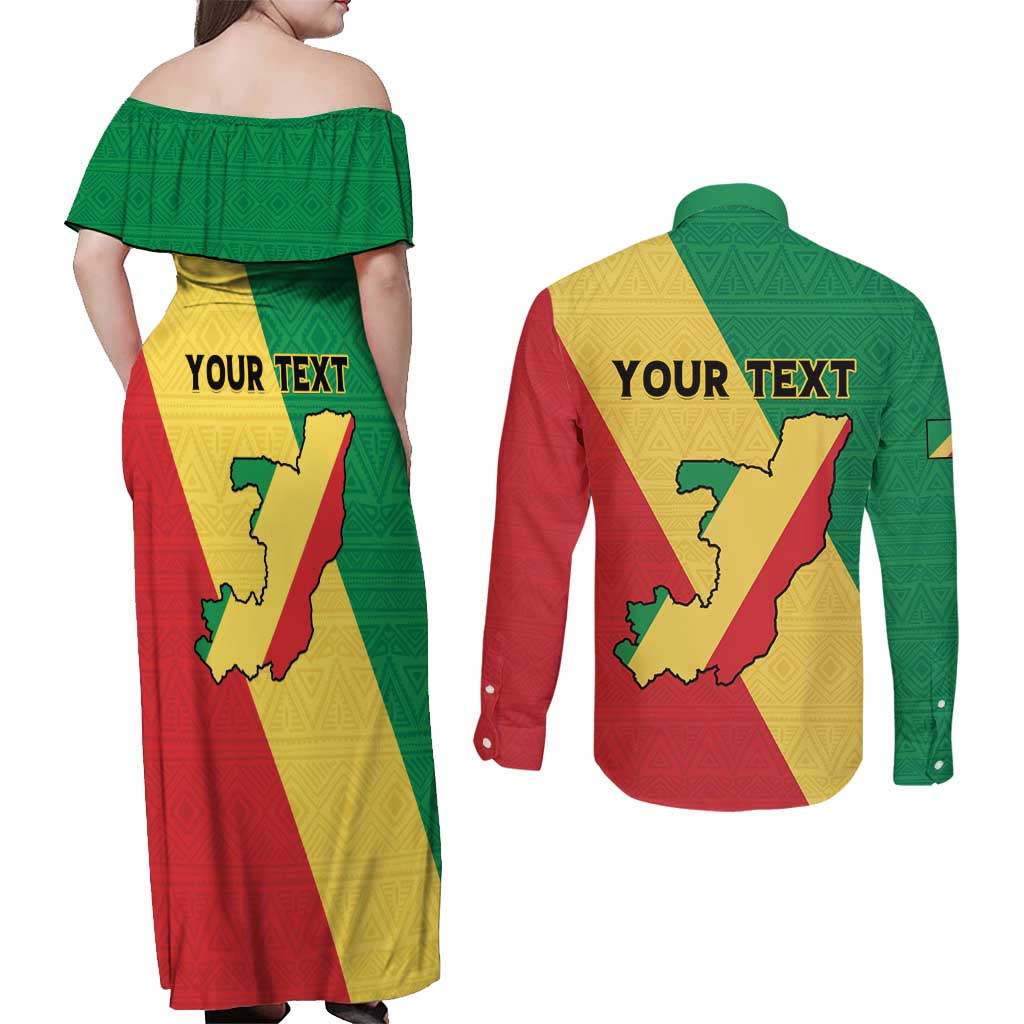 Personalized Congo Brazzaville Couples Matching Off Shoulder Maxi Dress and Long Sleeve Button Shirt Coat Of Arms With Map - Flag Style - Wonder Print Shop