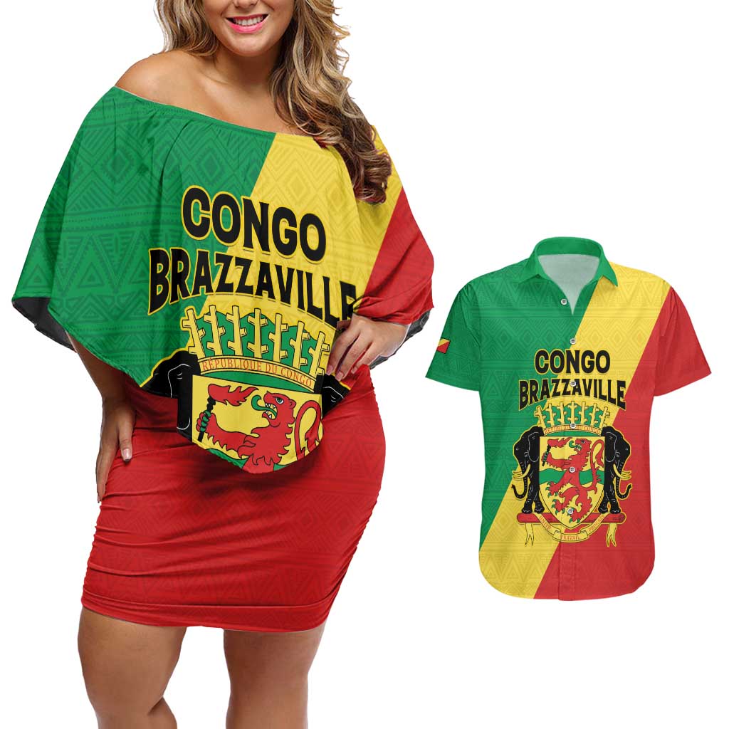 Personalized Congo Brazzaville Couples Matching Off Shoulder Short Dress and Hawaiian Shirt Coat Of Arms With Map - Flag Style - Wonder Print Shop
