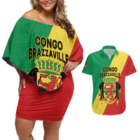 Personalized Congo Brazzaville Couples Matching Off Shoulder Short Dress and Hawaiian Shirt Coat Of Arms With Map - Flag Style - Wonder Print Shop