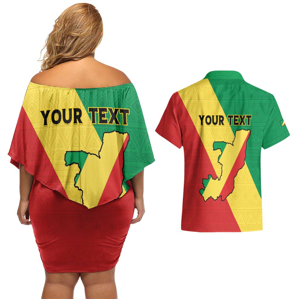 Personalized Congo Brazzaville Couples Matching Off Shoulder Short Dress and Hawaiian Shirt Coat Of Arms With Map - Flag Style - Wonder Print Shop