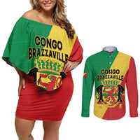 Personalized Congo Brazzaville Couples Matching Off Shoulder Short Dress and Long Sleeve Button Shirt Coat Of Arms With Map - Flag Style - Wonder Print Shop