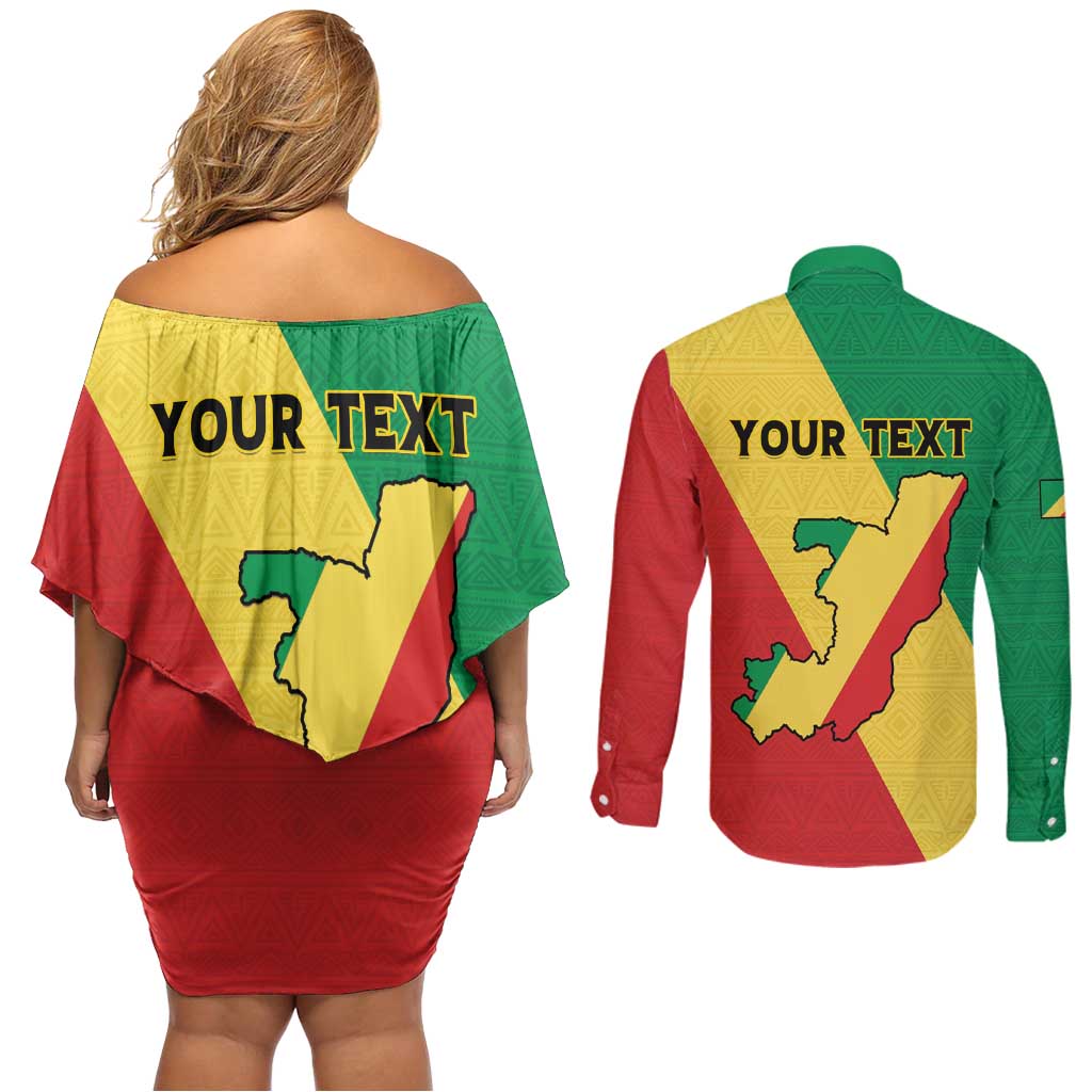 Personalized Congo Brazzaville Couples Matching Off Shoulder Short Dress and Long Sleeve Button Shirt Coat Of Arms With Map - Flag Style - Wonder Print Shop
