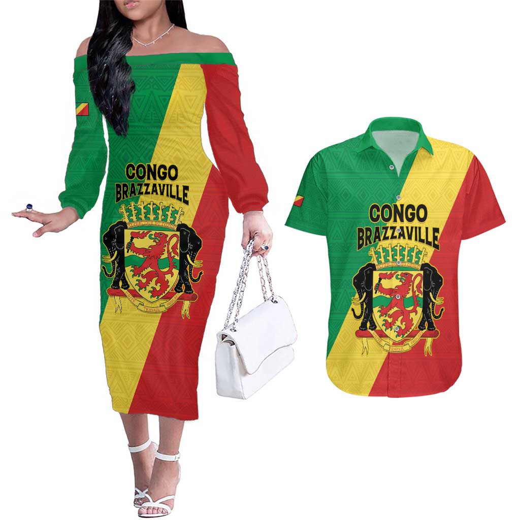 Personalized Congo Brazzaville Couples Matching Off The Shoulder Long Sleeve Dress and Hawaiian Shirt Coat Of Arms With Map - Flag Style - Wonder Print Shop