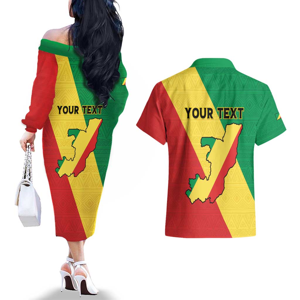Personalized Congo Brazzaville Couples Matching Off The Shoulder Long Sleeve Dress and Hawaiian Shirt Coat Of Arms With Map - Flag Style - Wonder Print Shop