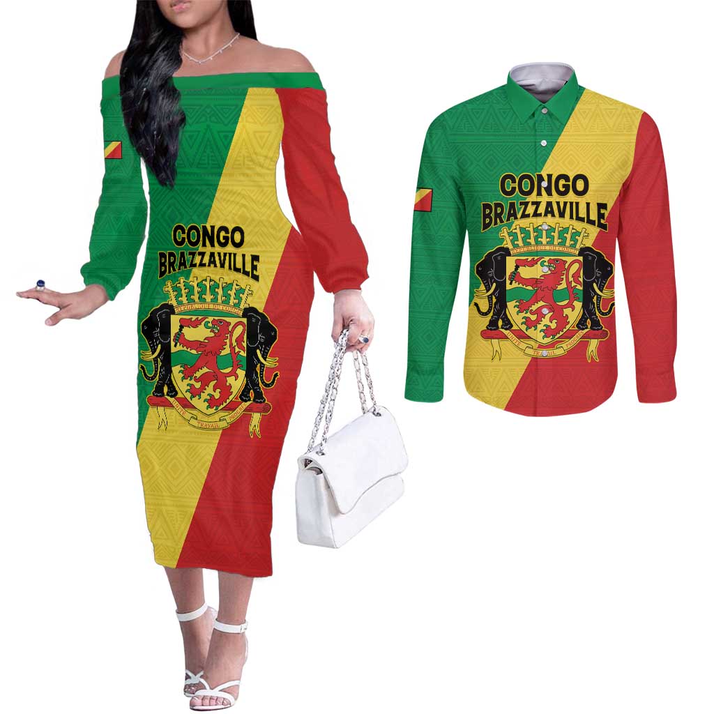 Personalized Congo Brazzaville Couples Matching Off The Shoulder Long Sleeve Dress and Long Sleeve Button Shirt Coat Of Arms With Map - Flag Style - Wonder Print Shop