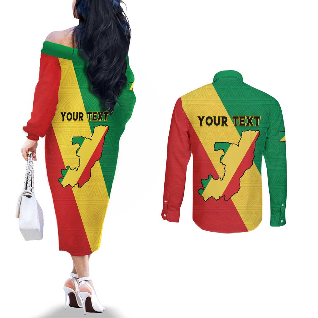 Personalized Congo Brazzaville Couples Matching Off The Shoulder Long Sleeve Dress and Long Sleeve Button Shirt Coat Of Arms With Map - Flag Style - Wonder Print Shop