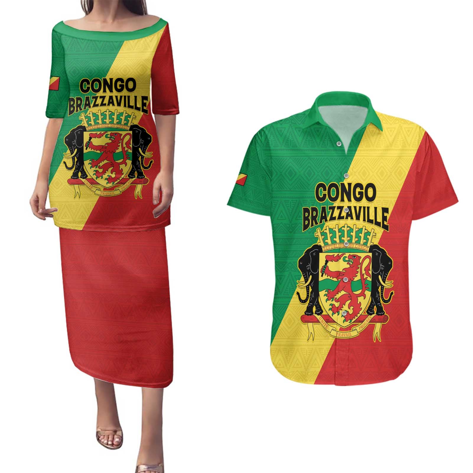 Personalized Congo Brazzaville Couples Matching Puletasi and Hawaiian Shirt Coat Of Arms With Map - Flag Style - Wonder Print Shop