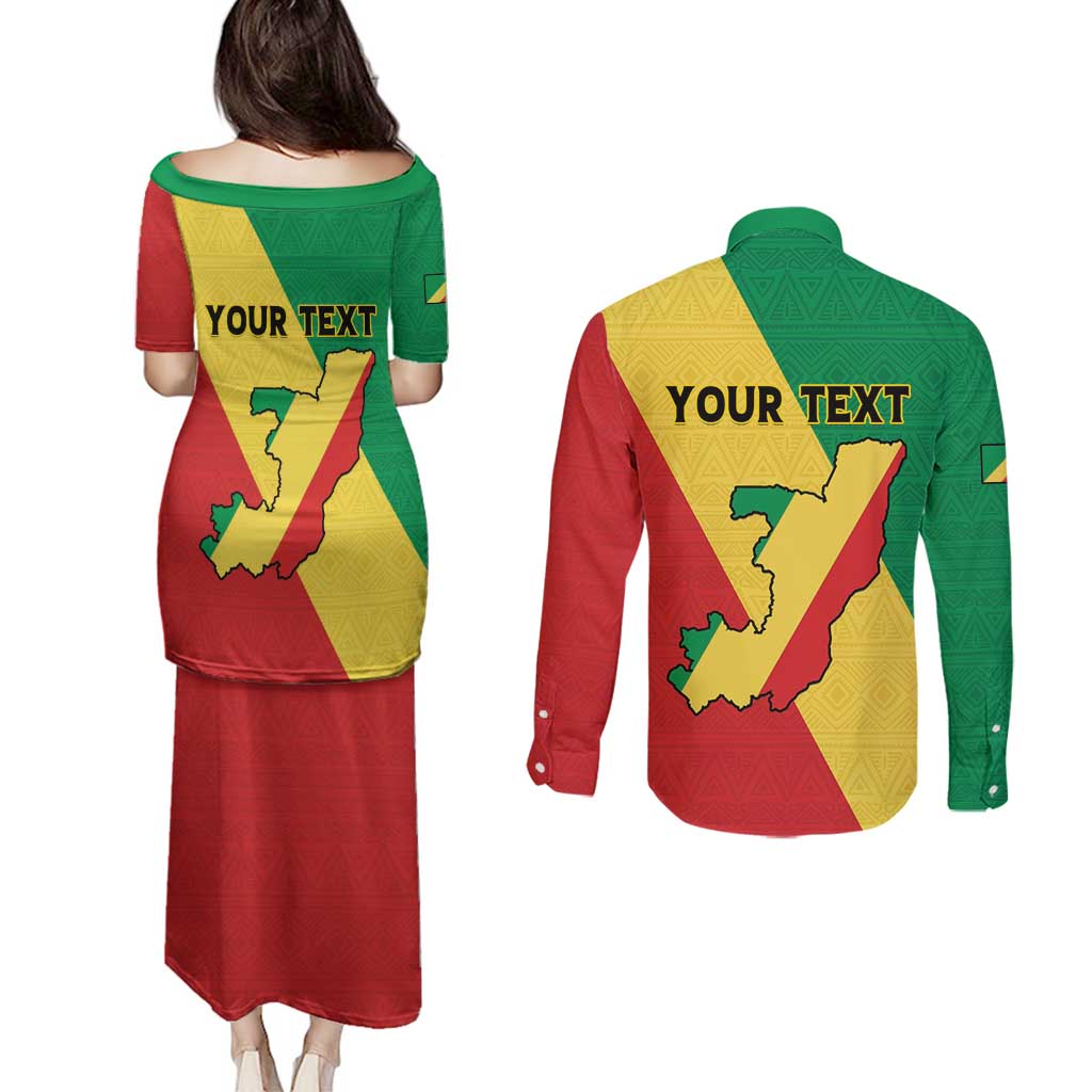 Personalized Congo Brazzaville Couples Matching Puletasi and Long Sleeve Button Shirt Coat Of Arms With Map - Flag Style - Wonder Print Shop