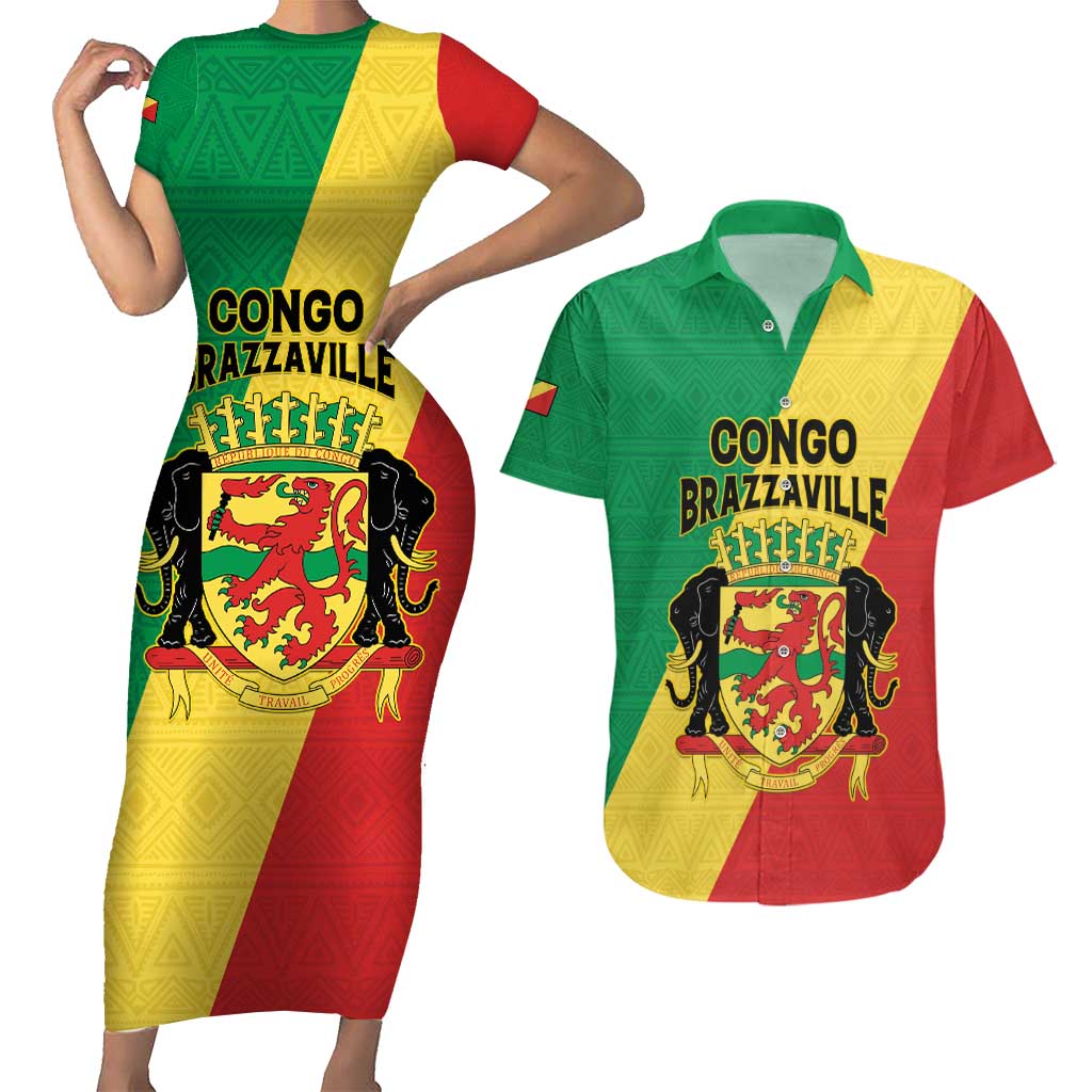 Personalized Congo Brazzaville Couples Matching Short Sleeve Bodycon Dress and Hawaiian Shirt Coat Of Arms With Map - Flag Style - Wonder Print Shop