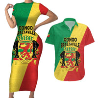 Personalized Congo Brazzaville Couples Matching Short Sleeve Bodycon Dress and Hawaiian Shirt Coat Of Arms With Map - Flag Style - Wonder Print Shop