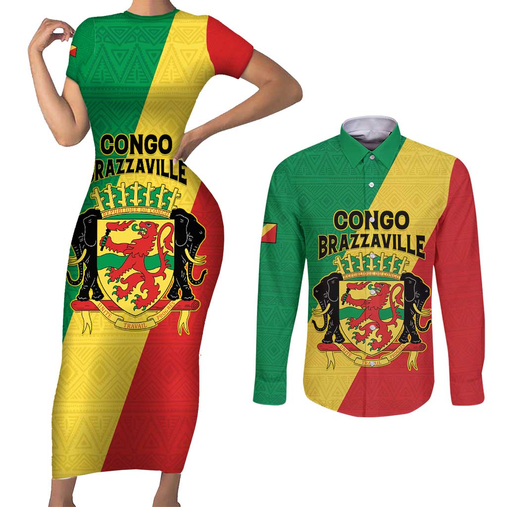 Personalized Congo Brazzaville Couples Matching Short Sleeve Bodycon Dress and Long Sleeve Button Shirt Coat Of Arms With Map - Flag Style - Wonder Print Shop